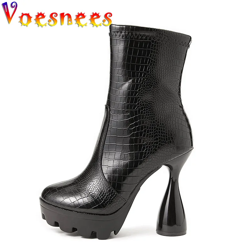 High Heels PU Leather Platform Woman Shoes 2022 Spring Autumn Round Med Heel Emboss Ankle Boots 12CM Black Zipper Women's Pumps