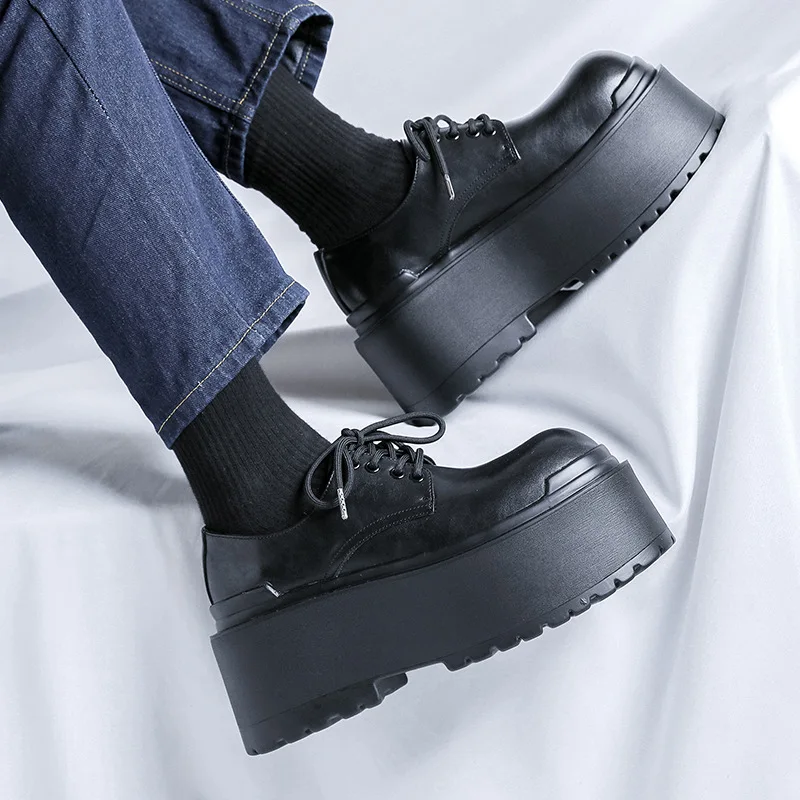 mens fashion punk stage natural leather high heels shoes lace-up platform derby shoe black designer sneakers cool footwear male