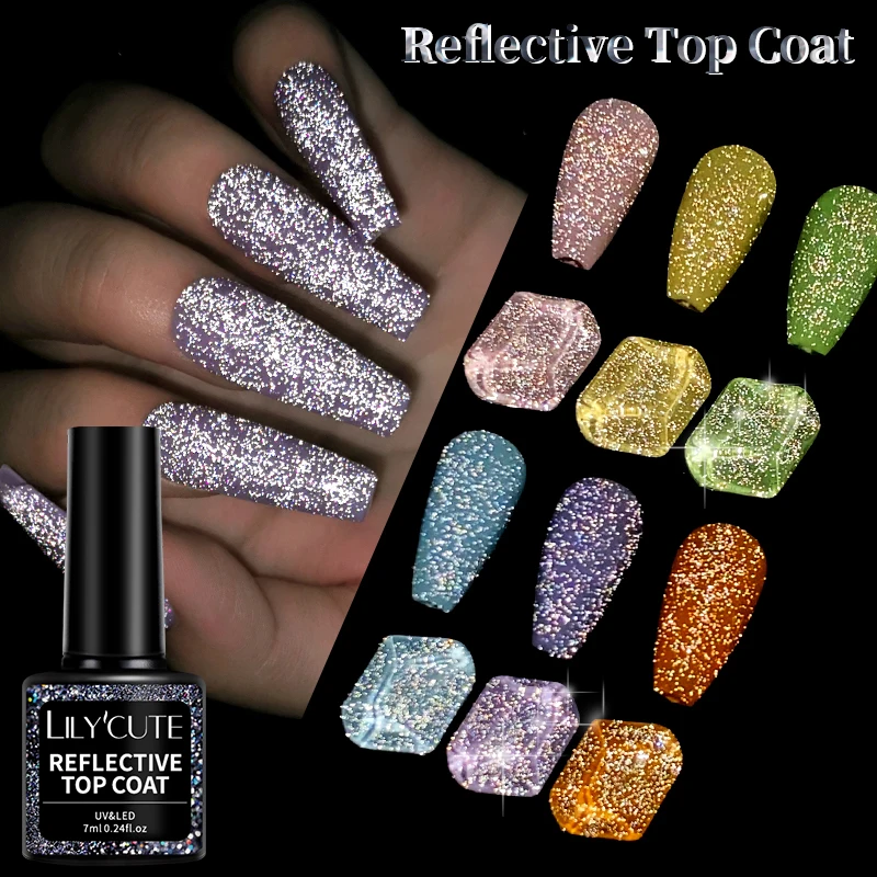 

LILY'CUTE 7 мл Светоотражающий верхнее покрытие Гель-лак для ногтей Искрящий блеск Вспышка Дизайн ногтей Soak Off UV LED Салонный лак Маникюр