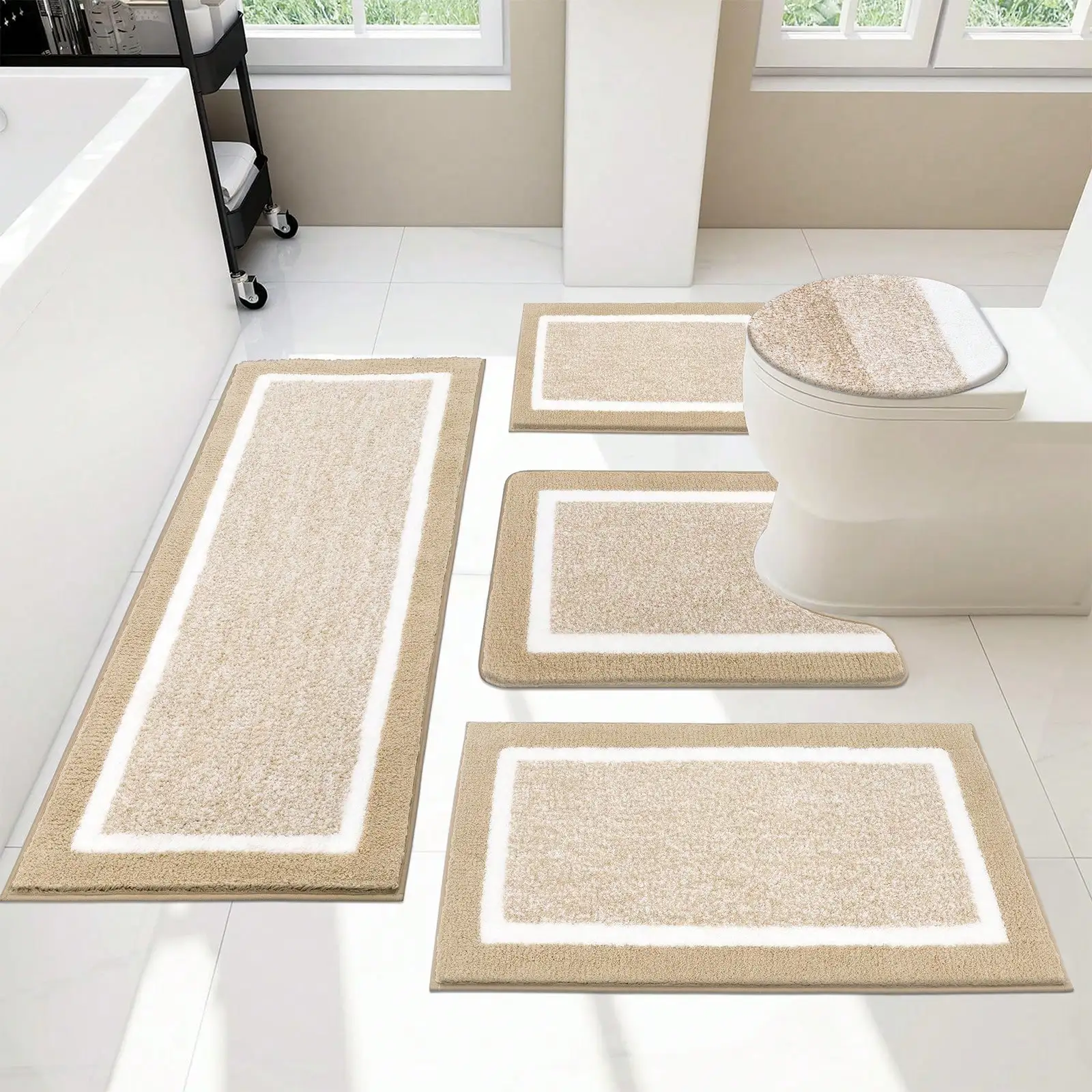

Rugs Sets 5 Piece With Lid Cover Bathroom Shower Rugs With U-Shaped Contour Toilet Mat Absorbent Microfiber Plus