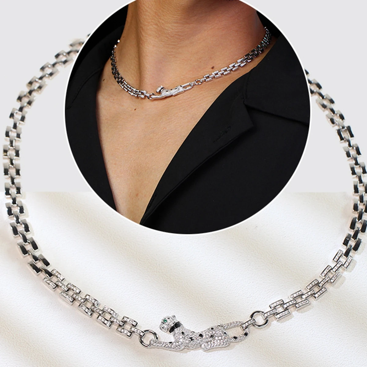 

Элитное дизайнерское украшение: ожерелье или браслет с высококачественным цирконием, черным принтом, зелеными камнями в виде глаз пантеры или леопарда, для женщин и мужчин.