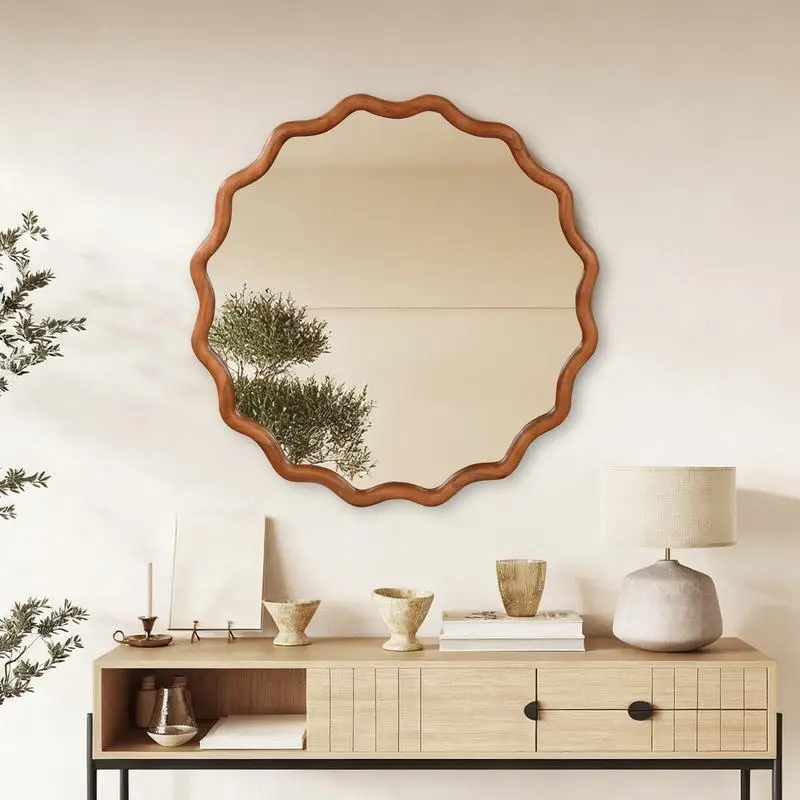 

36" Wavy Round Solid Wood Frame Decorative Mirror for Bedroom, Bathroom, Living Room, Entryway - Yellowish Brown Finish