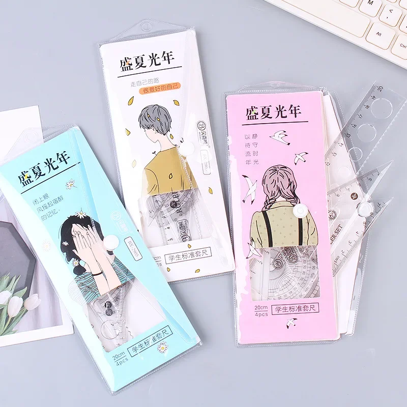 

Straight Triangle Ruler, Protractor, 4pcs/set, School Office Supplies, Student Stationery, Drafting Drawing, Kawaii Cartoon