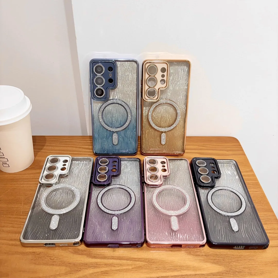 

Luxury Water Ripple Glitter Case For Samsung S25 S26 Ultra S24 Plus S23 S22 Camera Protect Film Magnetic Wireless Charge Cover