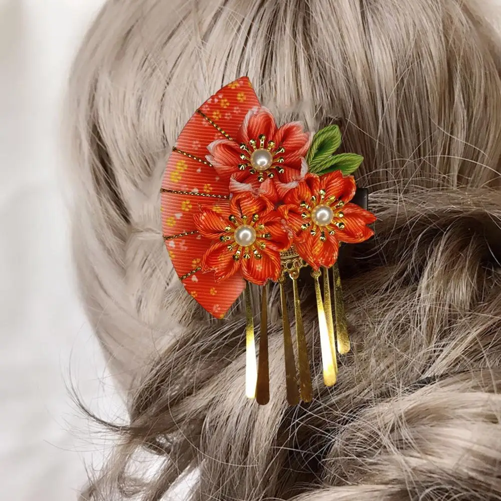 Women Hairpin Fake Flower Fan Decorative Japanese Traditional Dress Kimono Robe Kids Girls Cosplay Headgear Costume Hair Clip