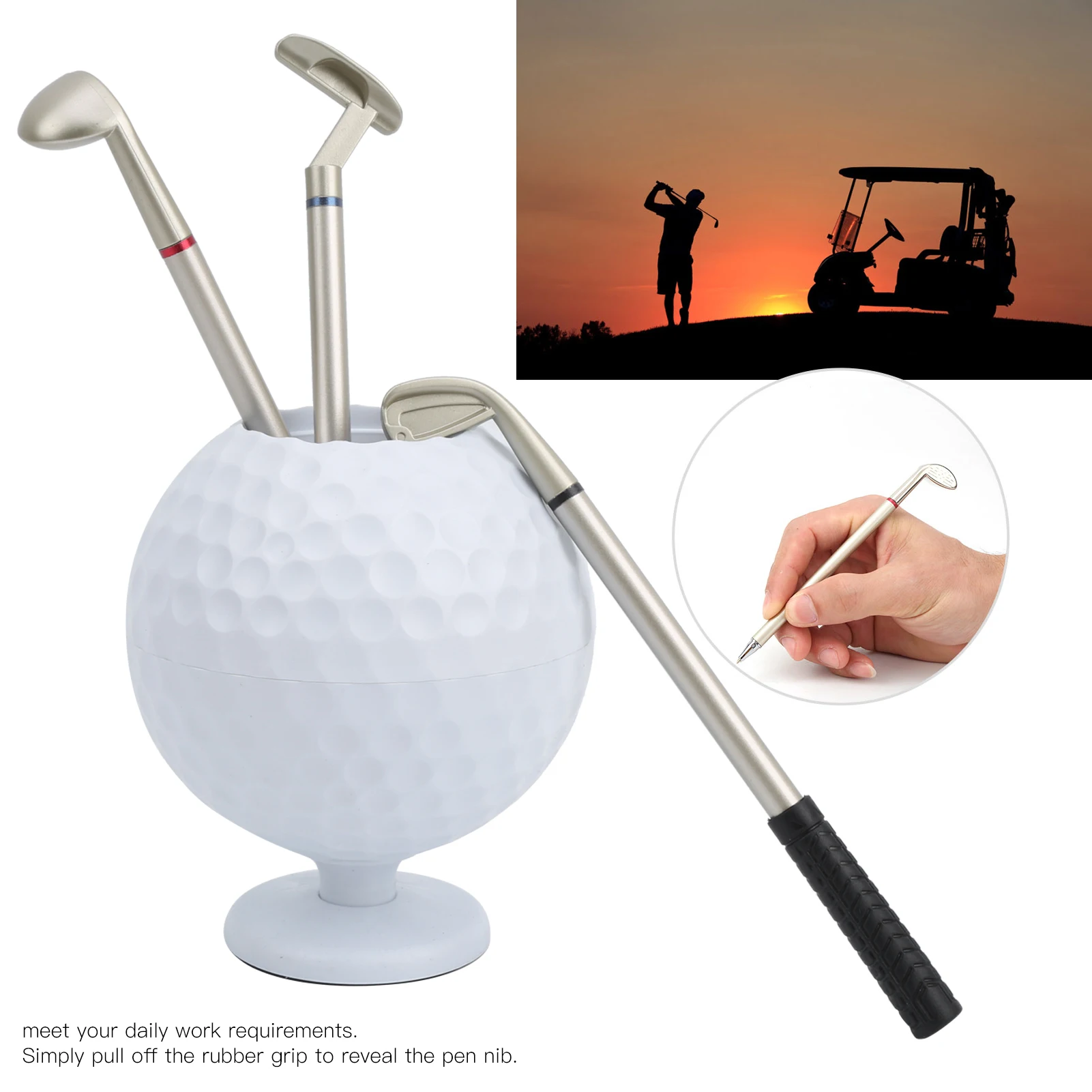 Mini Desktop Golf Ball Pen Holder with 3 Golf Cue Pens Plastic Golfer Souvenir Set Gift