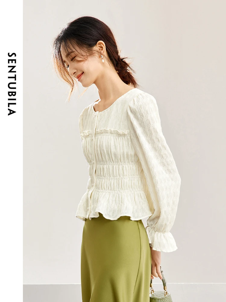 SENTUBILA Textured Smocked Shirts Blouse for Women 2024 Spring Autumn Elegnat Fashion Slim Fit Long Sleeve Womens Tops 141V53354