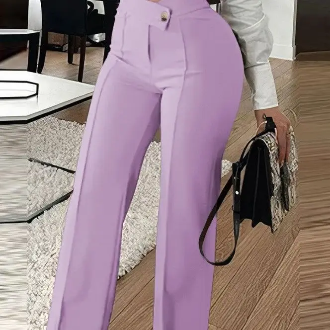 الخريف والشتاء السراويل النساء 2025 موضة تنوعا عادية مثير بأزرار مستقيم واسعة الساق العمل بنطلون ملابس الشارع الشهير