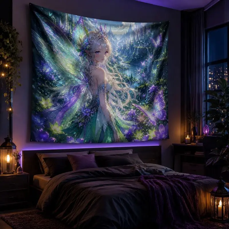 VIKAMA Angel Fairy Anime Tapestry, Nature Aesthetic Wall Hanging, Forest Galaxy Fantasy Blanket for Bedroom Dorm Home Decor