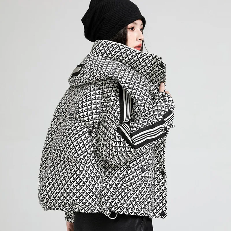 Down Coats with Gloves for Women, Thick Loose Hooded Jacket, Trendy Outerwears, Kilobird Check, High Street, Winter, New