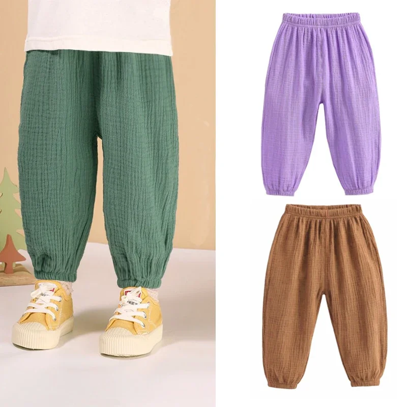 Summer Children Pants Korea Casual Girls Boys Pant Cotton Linen Solid Color Loose Pleated Trousers Girls High Waist Harem Pants