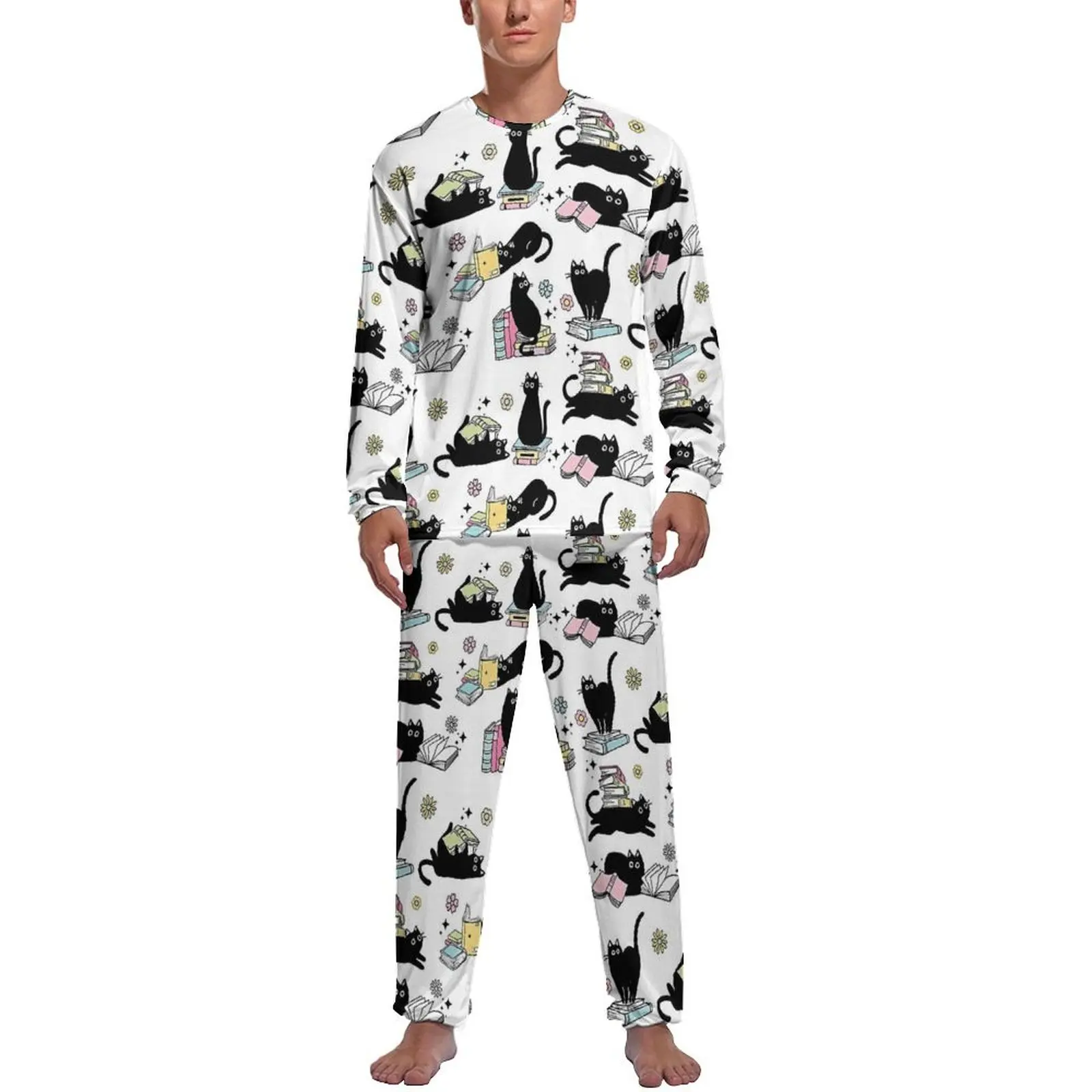 Library Cat Pajamas Mens Black Cats and Books Kawaii Home Suit Daily Long Sleeve Two Piece Home Design Pajama Sets