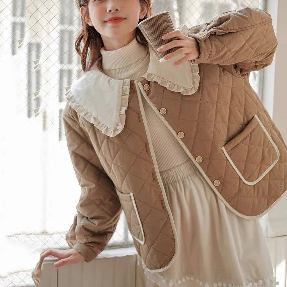 Japanese Ruffled Peter Pan Collar Cotton Padded Jacket Women Vintage Lolita Puffer Parka Winter Warm Tops Patchwork Quilted Coat