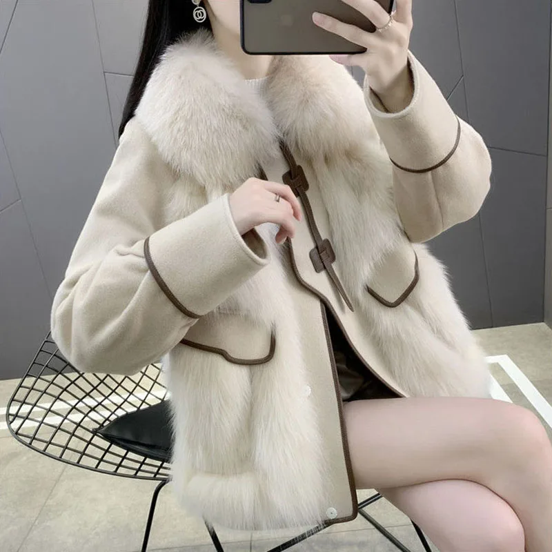 Winter Faux Fox Fur Coat Women Down Jacket Suede Fabric Splice Overcoat New Woolen Coat Filler Warm Parkas Thicken Short Coats