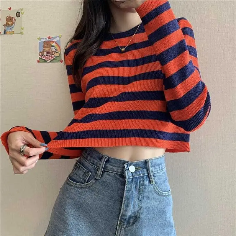 Korean Autumn 2024 Women\'s New Spliced Pullover O-Neck Stripe Fashion Loose Minimalist Casual All-match Knitted Long Sleeve Tops