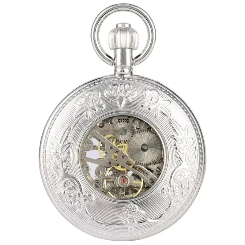 Silver Hollow Phoenix Mechanical Hand Wind Pocket Watch Half Hunter Hollow Skeleton Watch Pendant Fob Chain Clock Hours Gifts