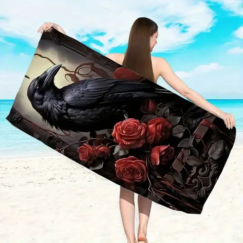Custom Raven and Red Roses Beach Towel Personalized Name Print Soft Quick-Dry Large Bath Towel for Gothic Lovers