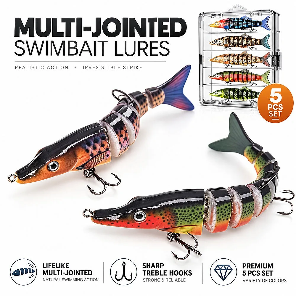 Multi Jointed Pike Swimbait 8 Segments Sinking Hard Bait 3/5/10 Pack Rattle 3D Eyes for Walleye Bass in River Current