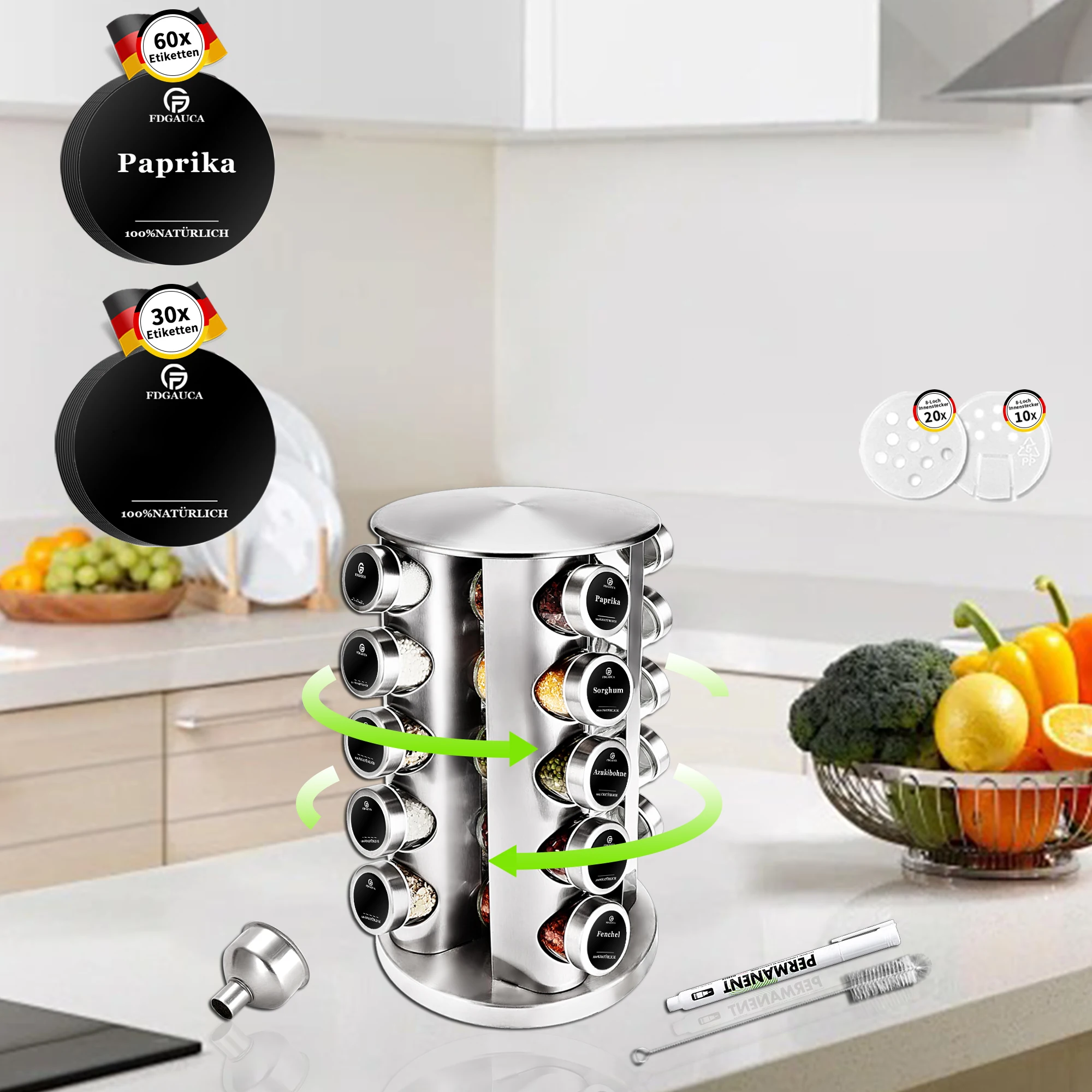 360 ° Rotierender 5-stöckiger Gewürzregal-Organizer mit 20 x 100 ml Gläsern und deutschen Etiketten | Platzsparende Küchenaufbewahrung für Gewürze – Detail 5