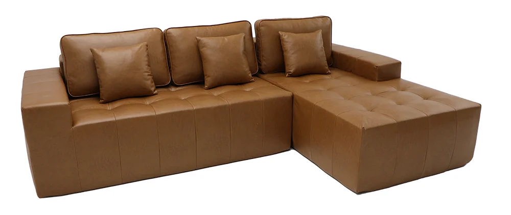 #Elegant Caramel Brown Leather Corner Sofa, Tufted Modular Design with Throw Pillows, Perfect for Mid-Century Home Decor