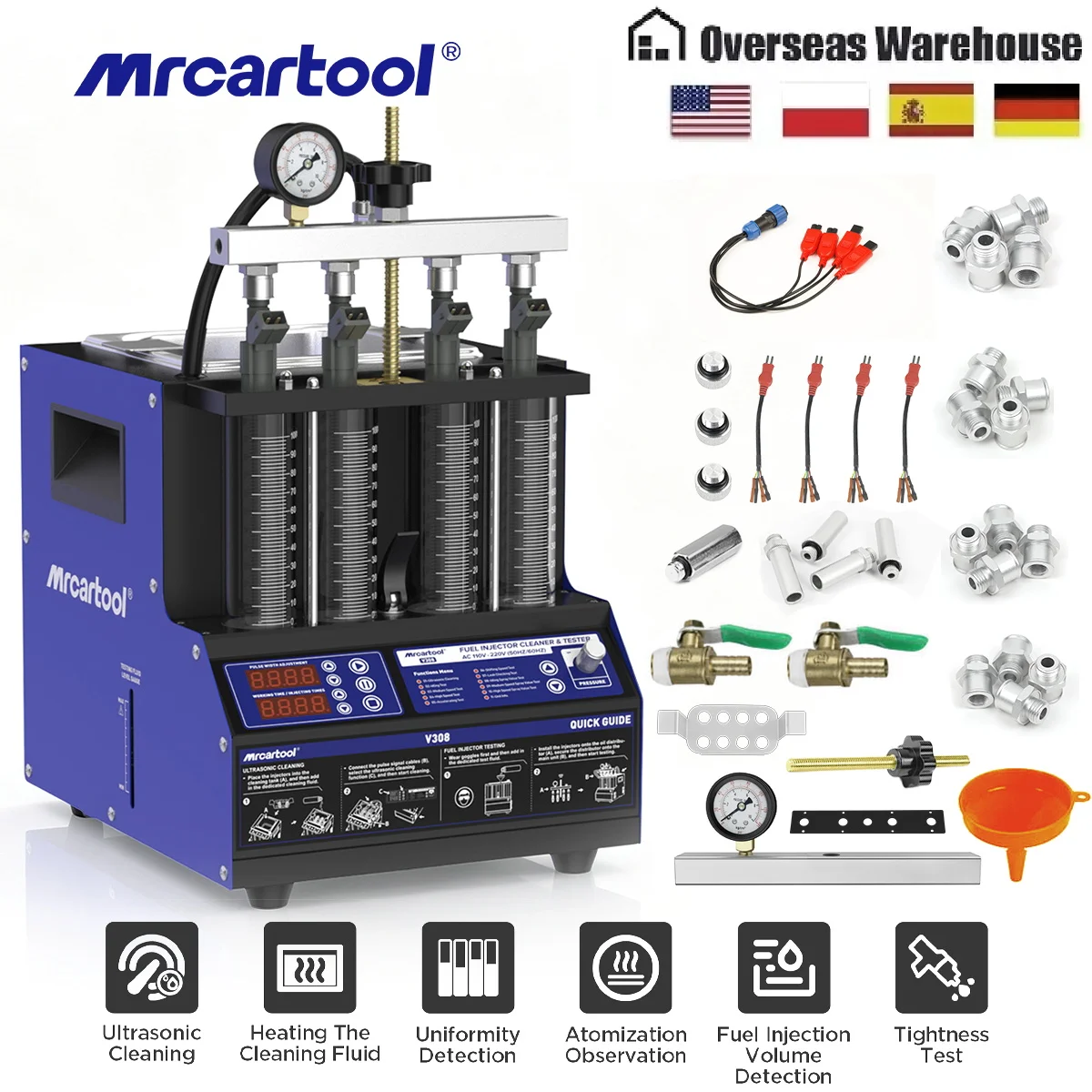 MR CARTOOL V308 Fuel Injector Cleaner Tester 4 Cylinders 12V 110V/220V Ultrasonic Heating Cleaning Machine for Car Motorcycle