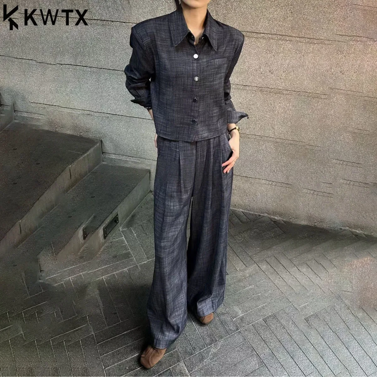 

KWTX Women Casual Two Piece Set Short Jacket High Waist Wide Leg Pants Chic Minimalist Spring Summer Comfort Elegant Slimming