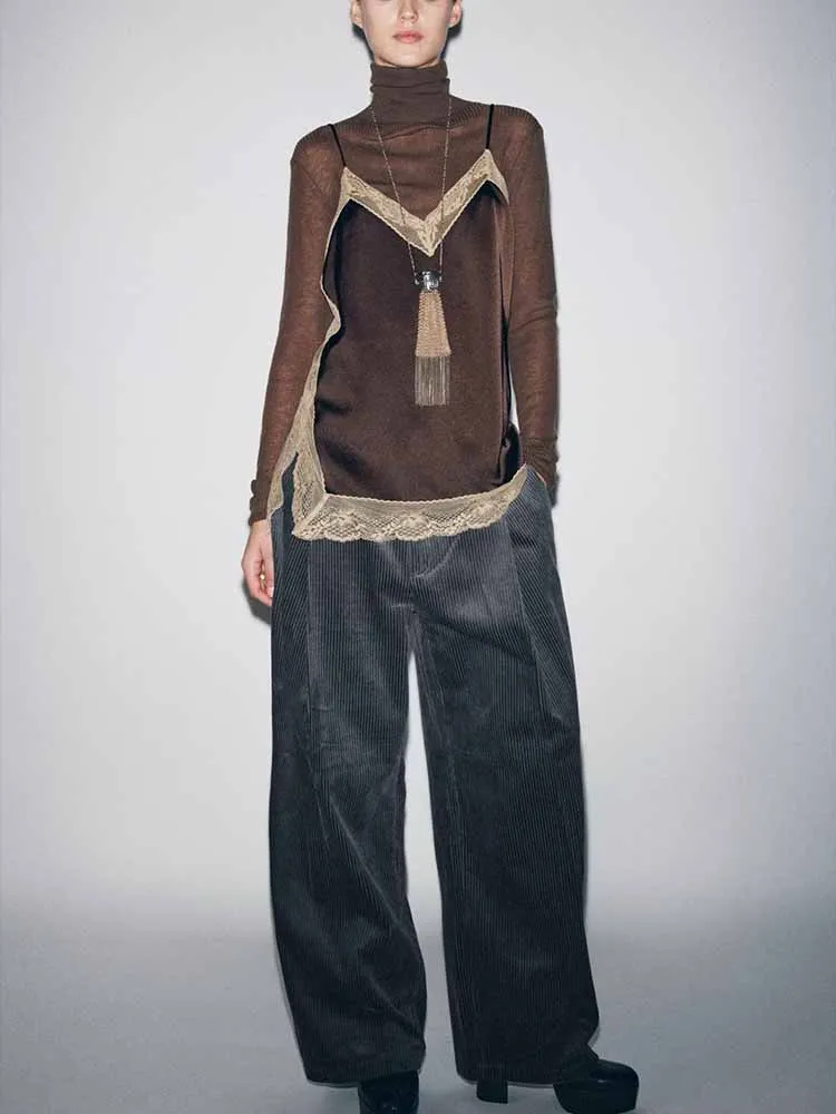 

European and American style winter new fashion trendy women's casual versatile simple sleeveless silk satin lace top