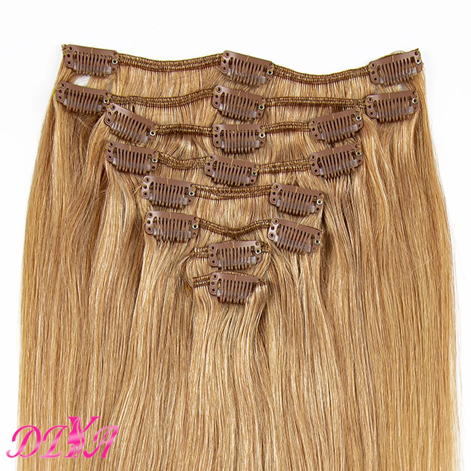 Réinitialisation in Human Hair Extension pour femme, Honey Blonde, Clips raides, 100% cheveux humains, 120 grammes, #27