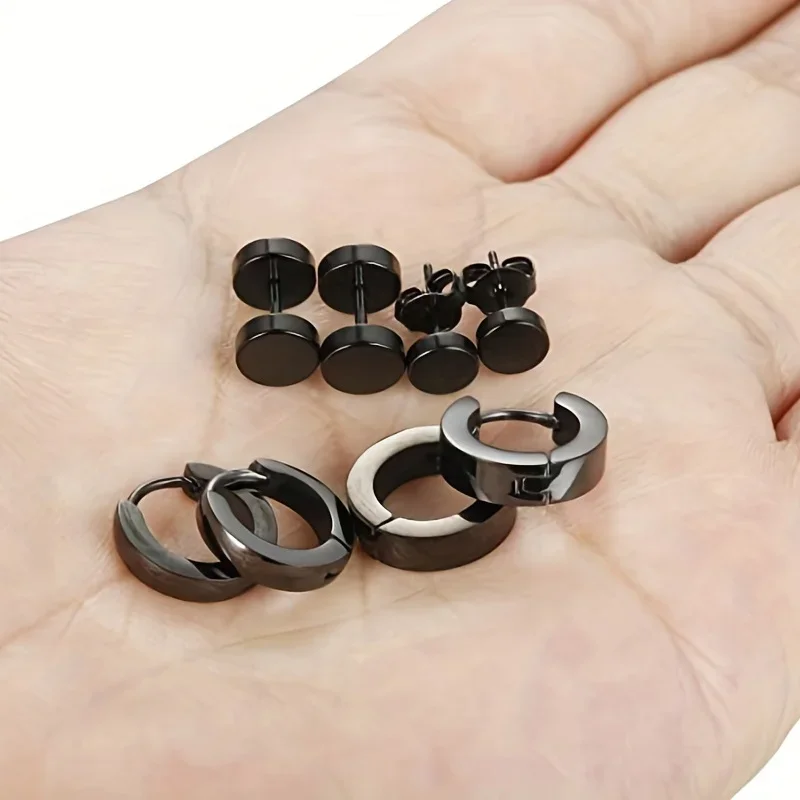 8 Pairs/Set Stainless Steel Hoop Earrings Stud Earrings For Men And Women, Punk Huggie Ear Piercing Earring Set
