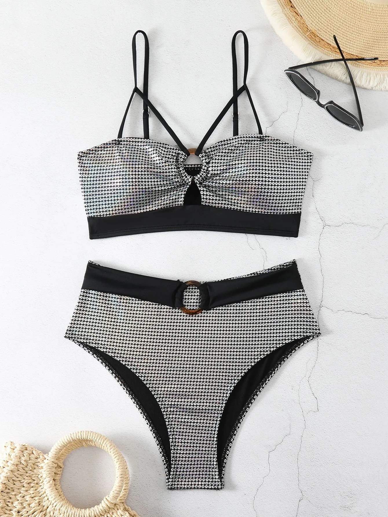 Nowy seksowny metalowy złoty Push Up Bikini 2024 kobiet stroje kąpielowe damski strój kąpielowy dwuczęściowy Bikini wysokie w talii strój kąpielowy