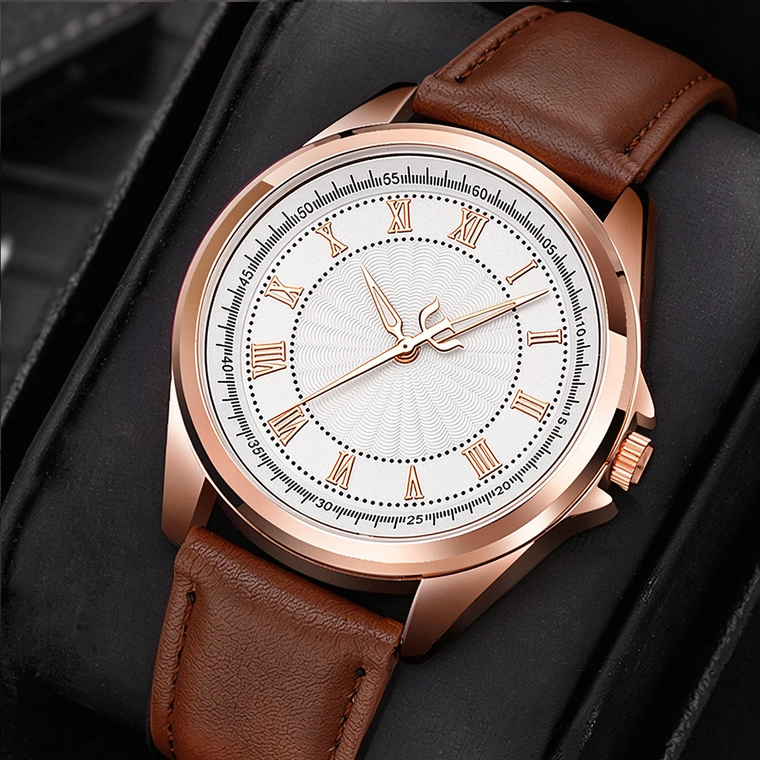 Men Quartz Watch Roman Numeral White Dial Brown Leather Strap Luminous Business Retro Dress Wristwatch Men Gift-336