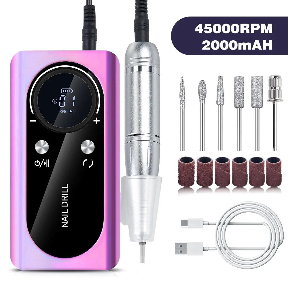 

45000RPM Nail Drill Machine USB Rechargeable Sanding Bands Electric Nail File Low Noise 6 Bits Nail Sander File Professional Use