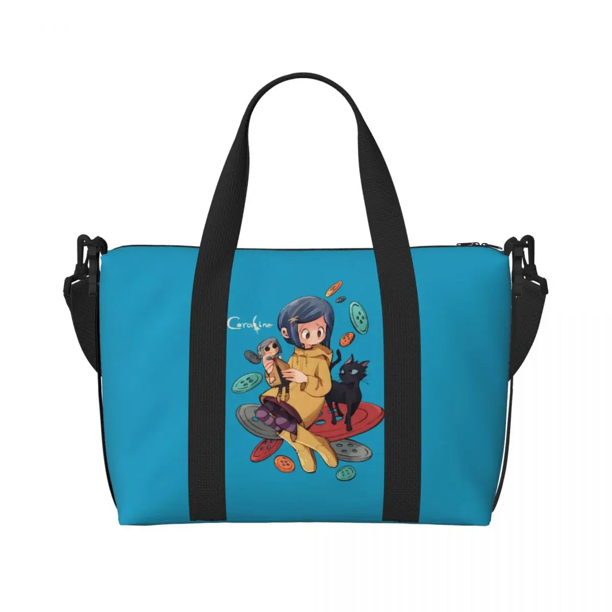 

Custom Coraline Beach Tote Bag for Women Extra Large Gym Carry On Cartoon Travel Shopping Bags