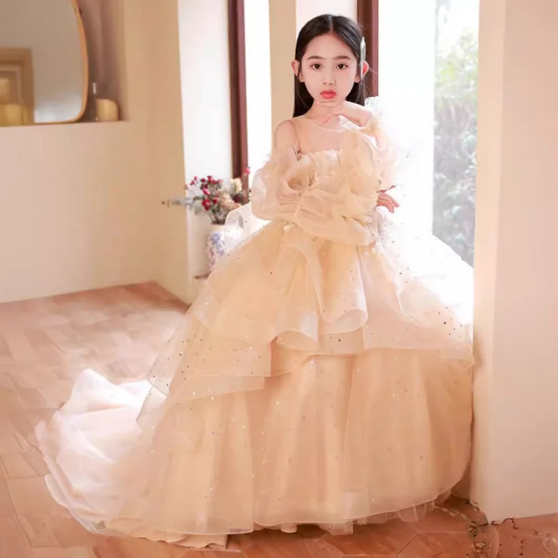 Girls' Evening Dress Children's Host Show Performance Dress Flower Girl Wedding Little Girl French Princess Dress with Train