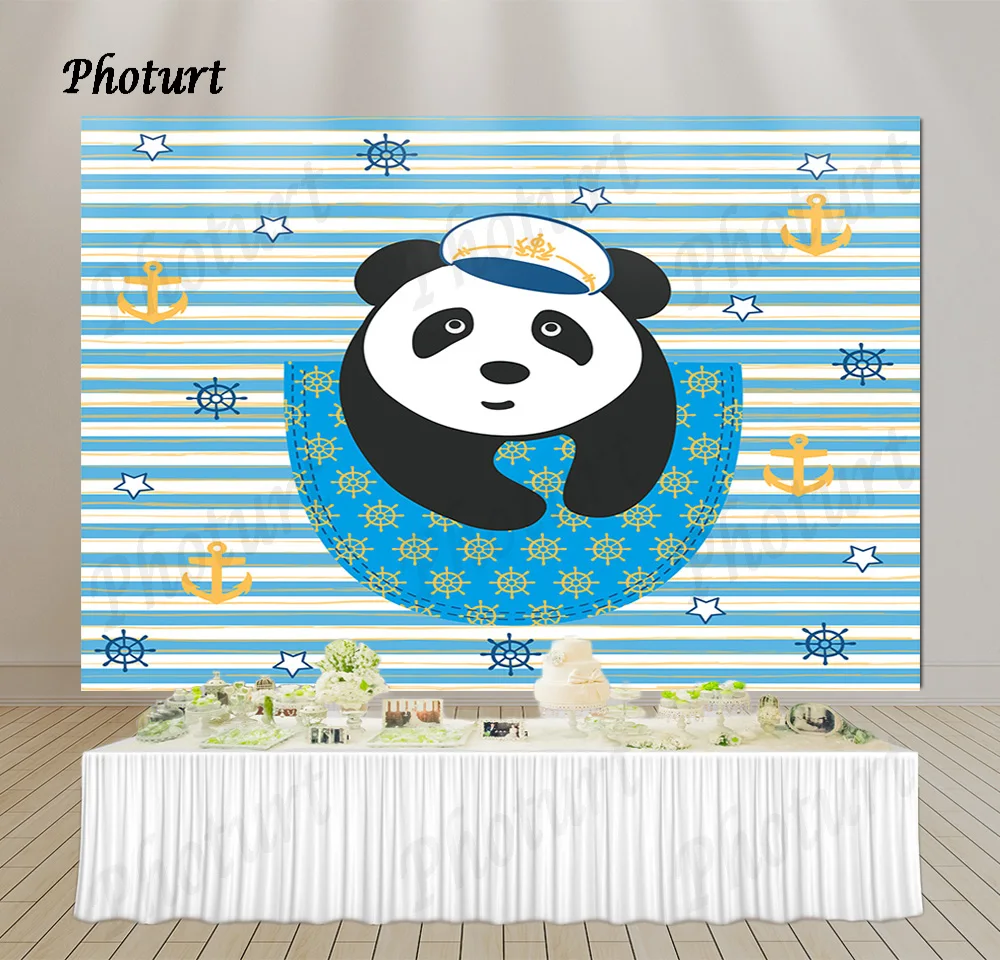 

PHOTURT Sailor Panda Backdrop Kids Birthday Background Blue Stripes Anchor Vinyl Polyester Photography Studios Decoration Props