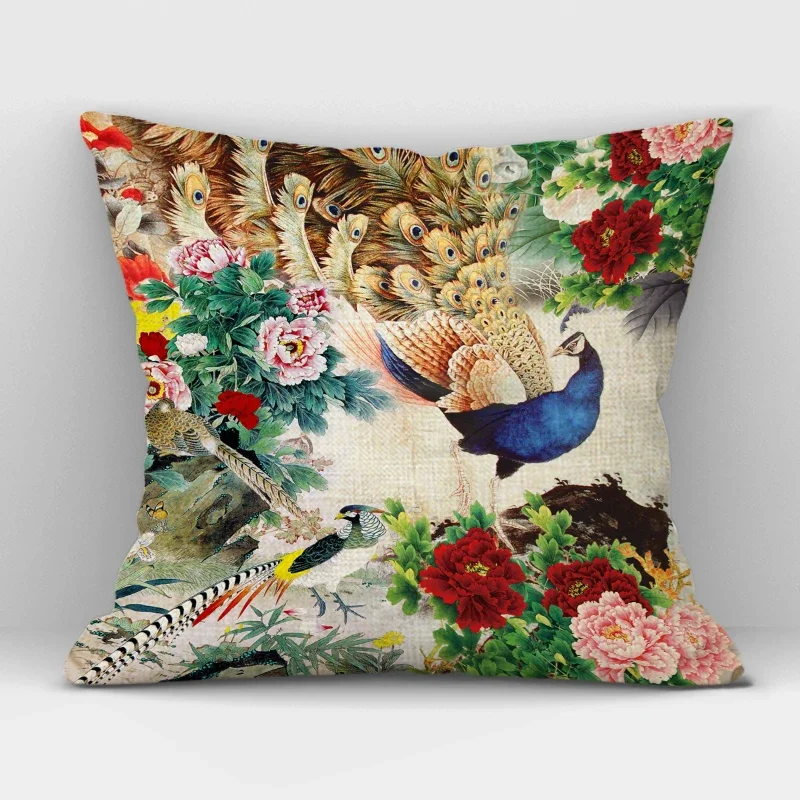 Chinese Classical Peacock Decorative Cushions Cover Peacock Throw Pillow Case for Sofa Car Seat Decor