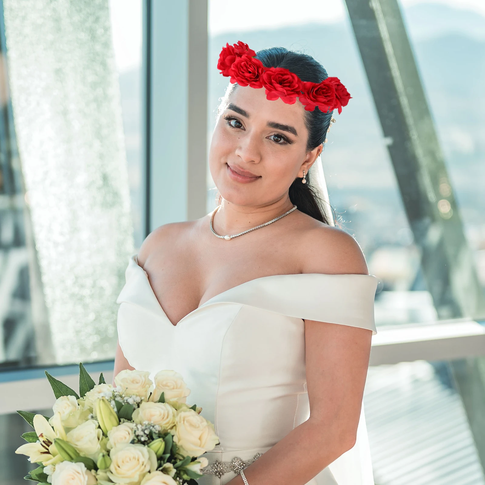 1pc ローズフラワーヘアバンド花の帽子結婚式パーティービーチバレンタインデーギフトフェイクフラワーフープヘアアクセサリー