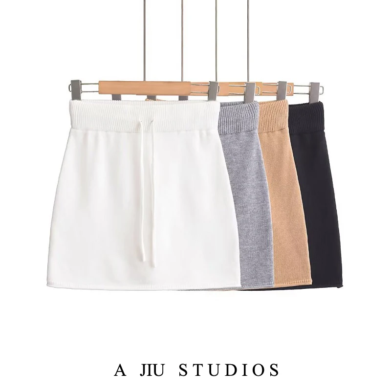 

American Retro Dstring Elastic High Waist Knitted Skirt Women's Spring Versatile Slimming Sexy ort Skirt