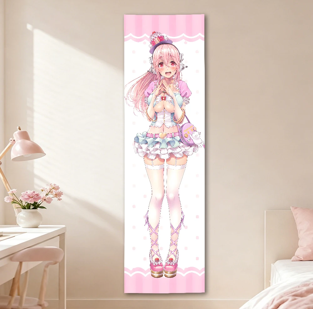 Super Sonico Vertical Long Tapestry, Sweet Lolita Outfit Anime Girl Wall Hanging, Pastel Pink Polyester Wall Cloth for Otaku