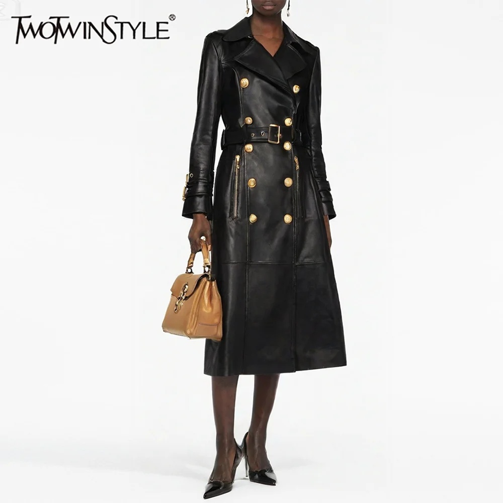 

TWOTWINSTYLE утягивающие двубортные модные кожаные пальто для женщин с лацканами и длинными рукавами, лоскутное пальто с ремнями, женское новое пальто