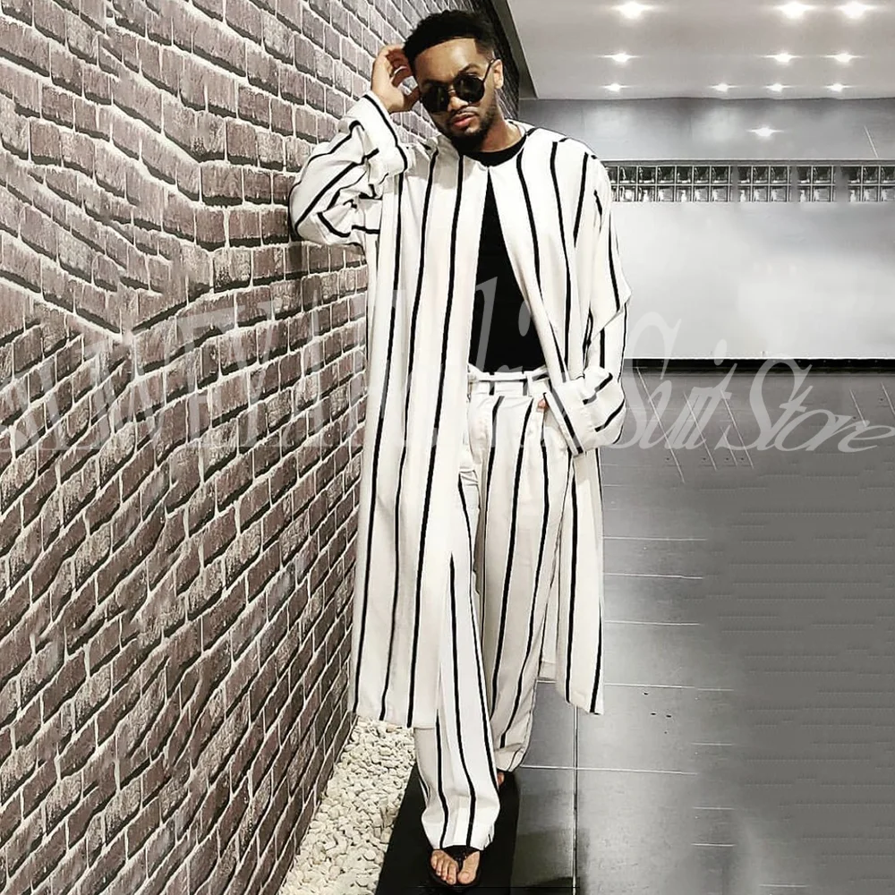 

Customized Fashion Men Suit White Wide Stripe 2 Pieces Blazer Pants Casual Party Suits Set Long Coat Traje De Hombre Elegante