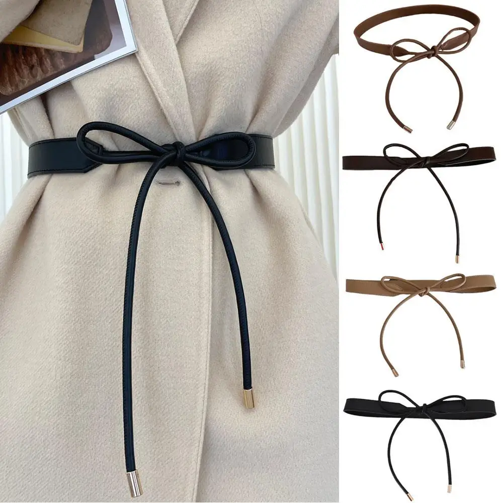 Women Non-hole Knot Waist Strap Wide Round Rope Lace-up Waist Belt PU Leather Wear-resistant Dress Coat Decorative Waistband