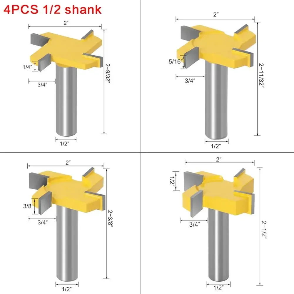 1PC 1/2 "12.7MM 12MM Shank Milling เครื่องตัดไม้แกะสลัก 4 ขอบ T ประเภท Slotting เครื่องตัดไม้เครื่องมือ Router Bits สําหรับไม้