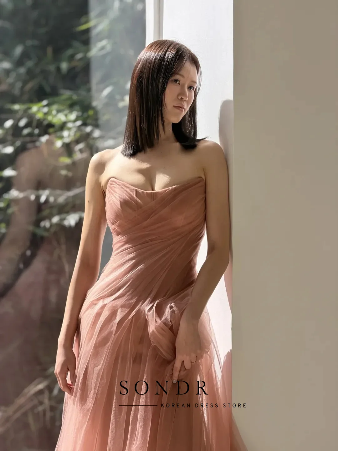 Sondr 캐러멜 우아한 한국 웨딩 파티 드레스 신부를 위한 맞춤형 A라인 스트랩리스 튤 이브닝 드레스 셀프 웨딩 가운