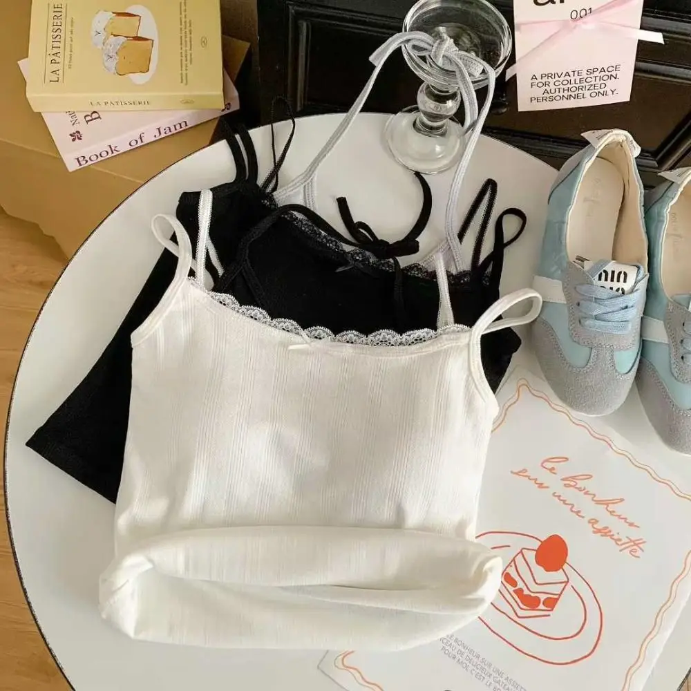 Sweet Sleeveless Lace Trim Camisole Underwear Slim Tie Back Camisole Top With Padded Cups Short Vest Daily Use