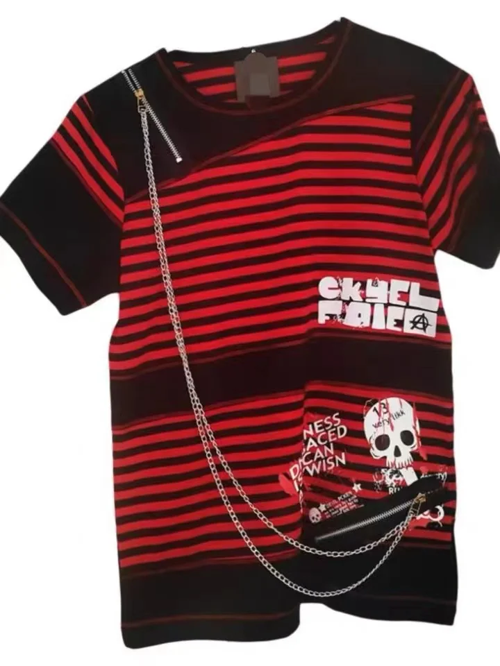 

Japanese Korean Men T-Shirt Non-mainstream Short-sleeved Black Red Striped Trendy Casual Clothing Singer Dance Stage Bar Costume