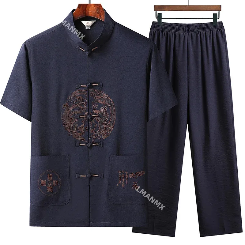 التقليدية الصينية الرجعية تانغ دعوى هانفو التنين التطريز الكونغ فو تاي تشي موحدة المتضخم الصيف قصيرة الأكمام الكتان الملابس