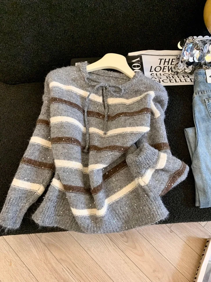 

Новый женский вязаный свитер оверсайз с узором в полоску и узлом, в стиле «lazy chic», для осени и зимы, с эффектом высокого класса