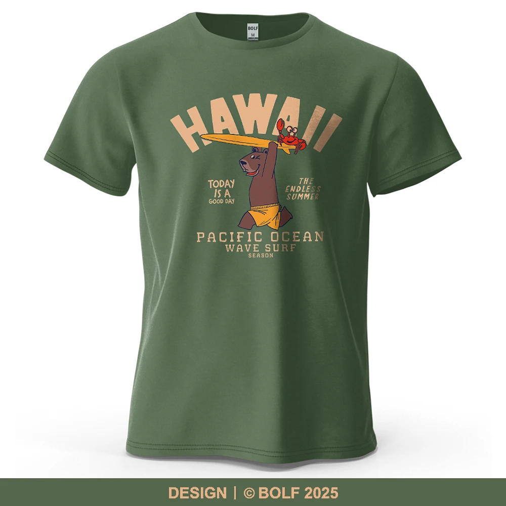 Bär mit Surfbrett und Krabbe bedrucktes Herren-T-Shirt aus 100 % Baumwolle, übergroßes Surfen, lustige T-Shirts für Damen, Tops, T-Shirts, Streetwear