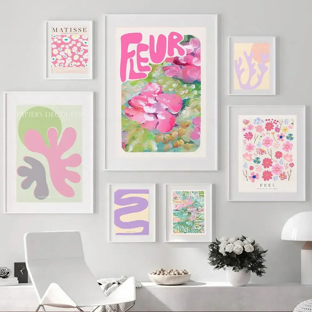 Affiches esthétiques colorées rose et vert, impressions abstraites de fleurs Matisse, peinture sur toile pour la décoration de la pièce, G